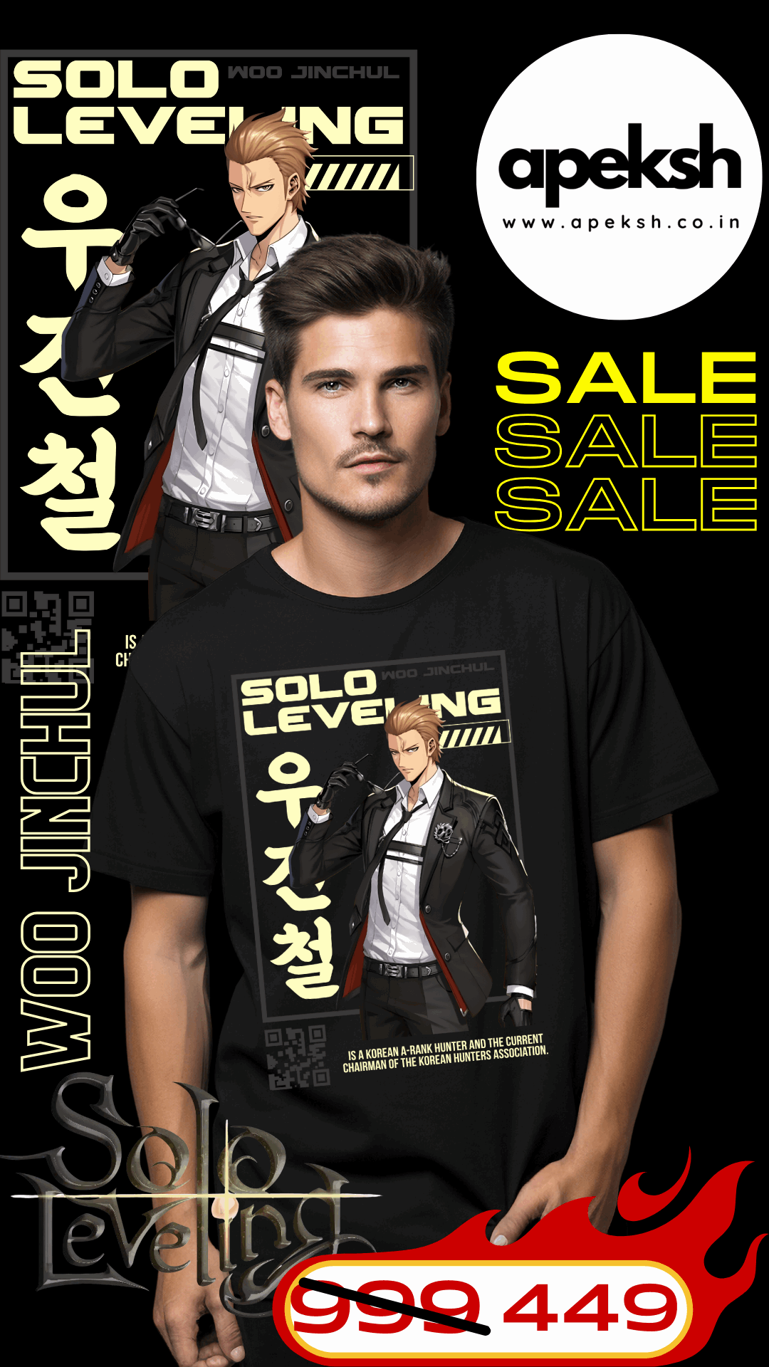 "Channel the might of Woo Jinchul with our exclusive SOLO LEVELING printed t-shirt! Crafted on 180GSM 100% cotton with a luxurious bio finish, this premium-quality gWOO JINCHUL - SOLO LEVELING- UNISEX