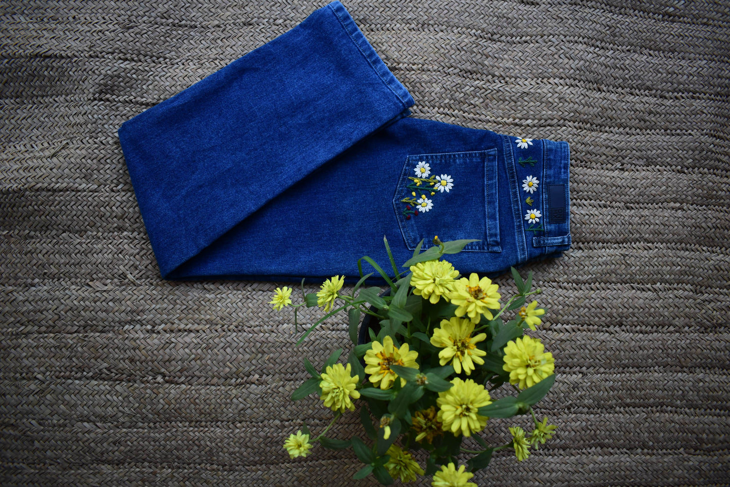 Product Description
To prolong the life of your denim garments, always wash them inside out at low temperature with similar colours. In this way, we can help reduceBlue Embroidered Jeans