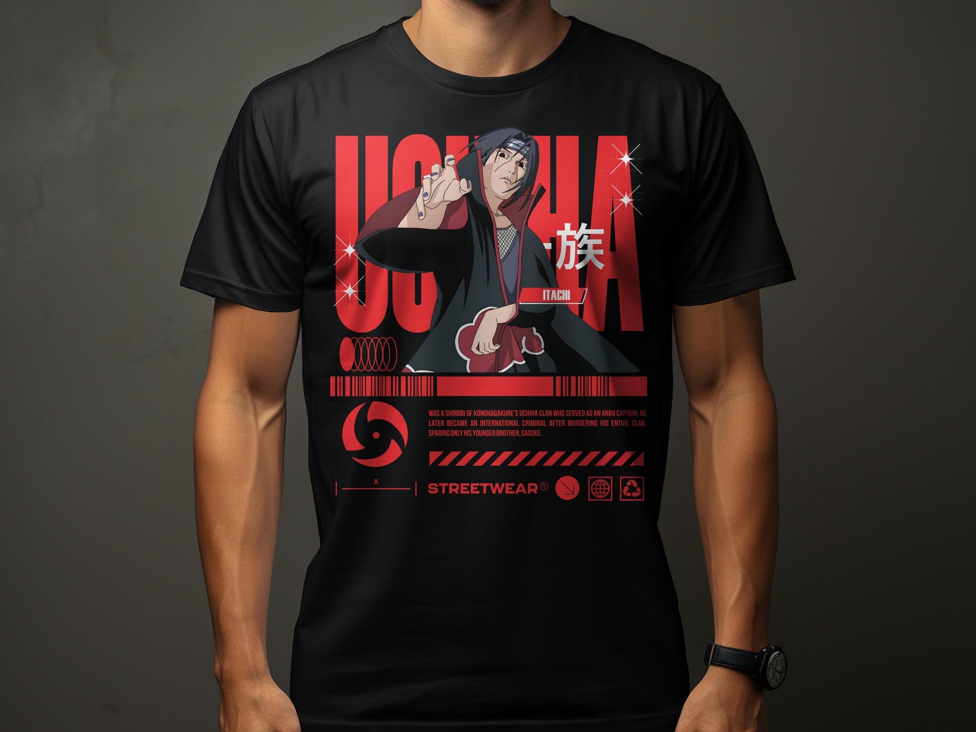 "Channel the legendary Uchiha Itachi's essence with our streetwear-inspired Unisex T-Shirt design! Crafted from 100% cotton and weighing 180gsm, this tee guarantees UCHIHA ITACHI STREETWEAR -Unisex
