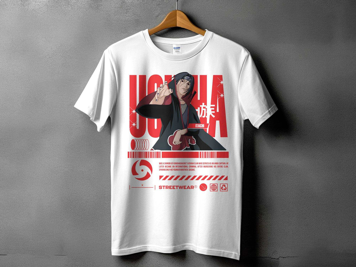 "Channel the legendary Uchiha Itachi's essence with our streetwear-inspired Unisex T-Shirt design! Crafted from 100% cotton and weighing 180gsm, this tee guarantees UCHIHA ITACHI STREETWEAR -Unisex