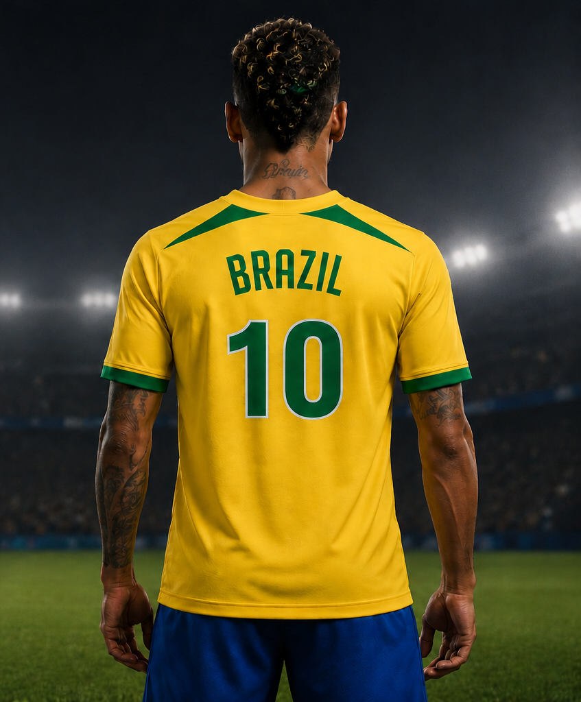 Person wearing a Brazil soccer jersey with the number 10 on a stadium background