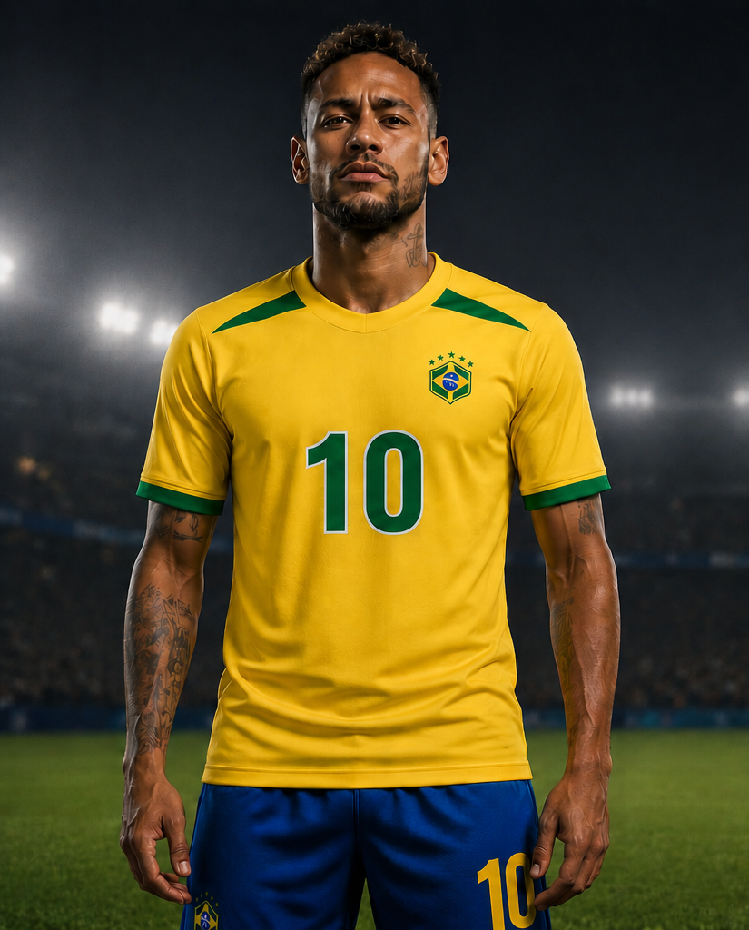 Person wearing a yellow soccer jersey with the number 10 on a sports field.