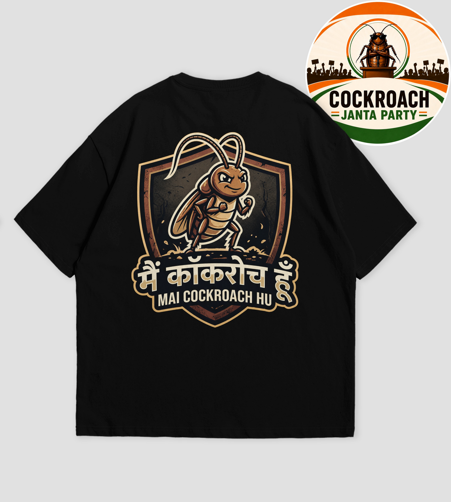 Black t-shirt with a graphic design and text on a gray background, featuring a logo in the corner.