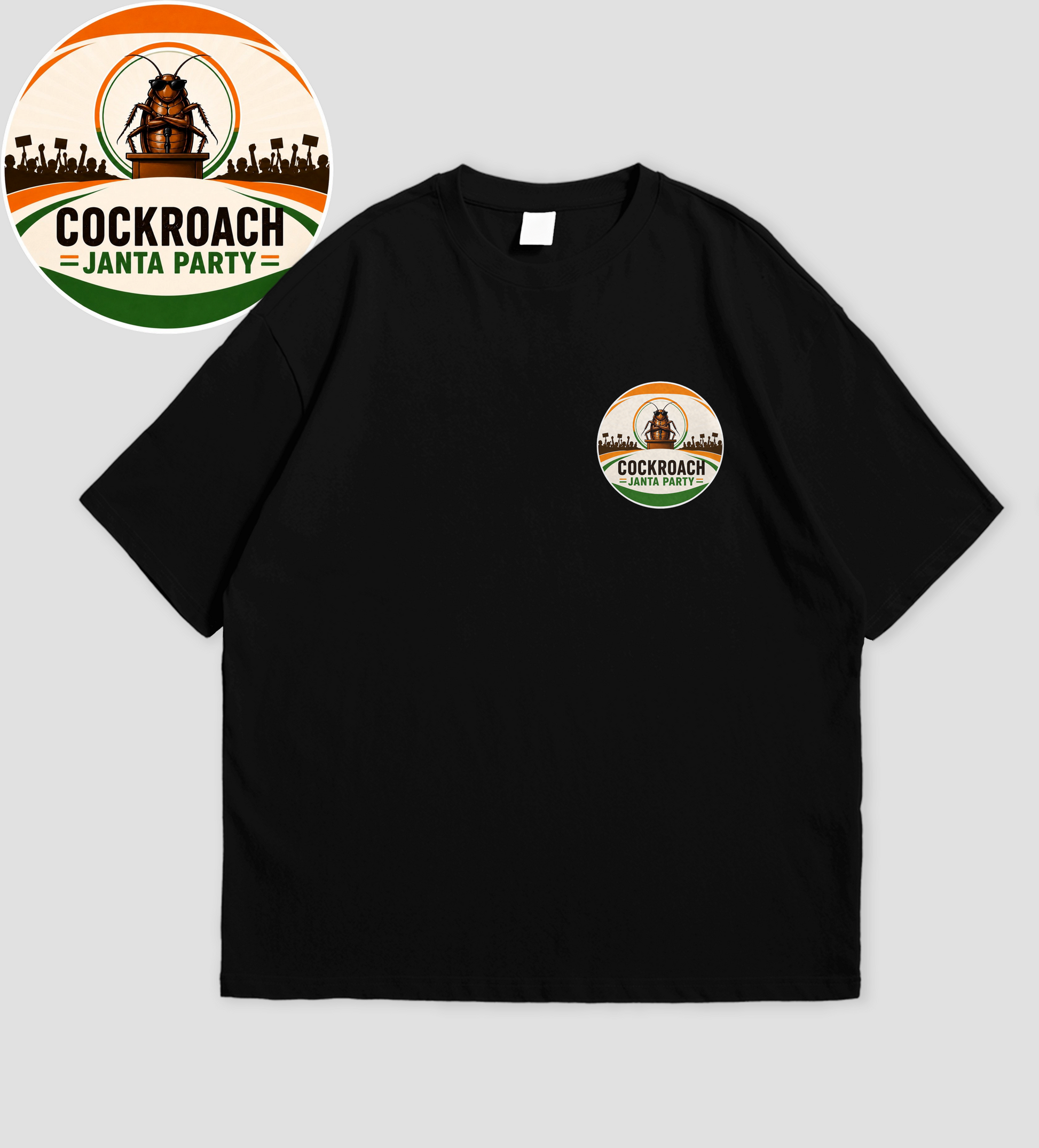 Black t-shirt with a logo on the chest, featuring text and graphics.