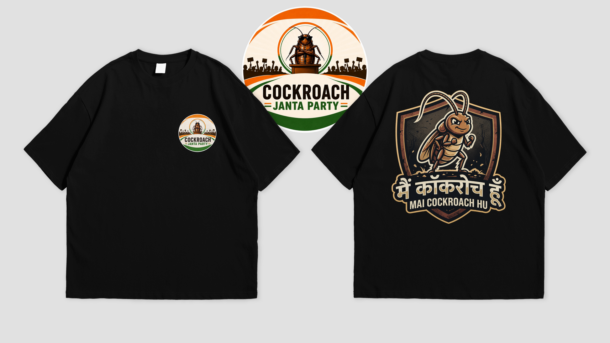 Black t-shirt with a graphic design on the front and back, featuring text and a logo.