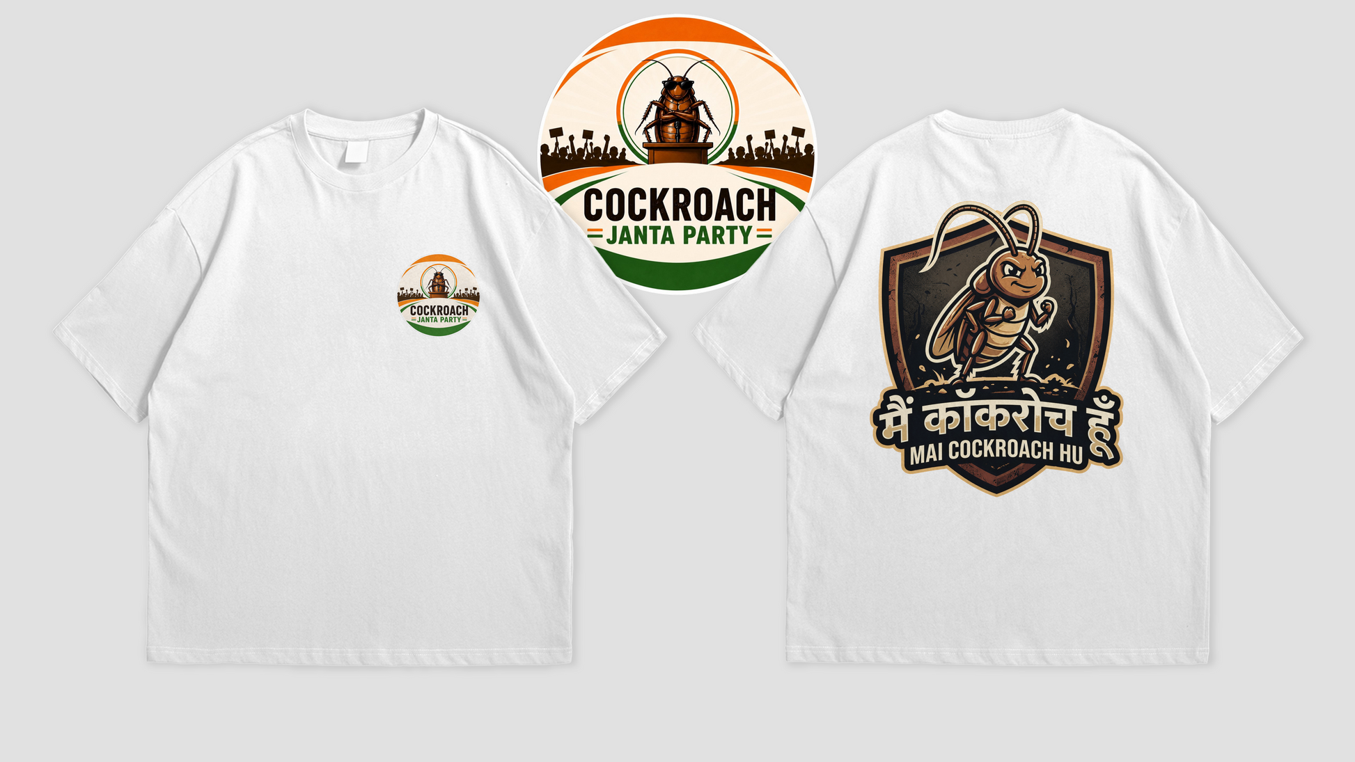 White t-shirt with 'Cockroach Janta Party' graphic on a gray background