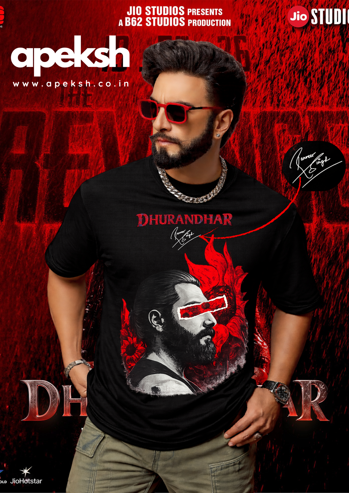 Person wearing a black t-shirt with 'Dhurandhar' design and branding on a red background
