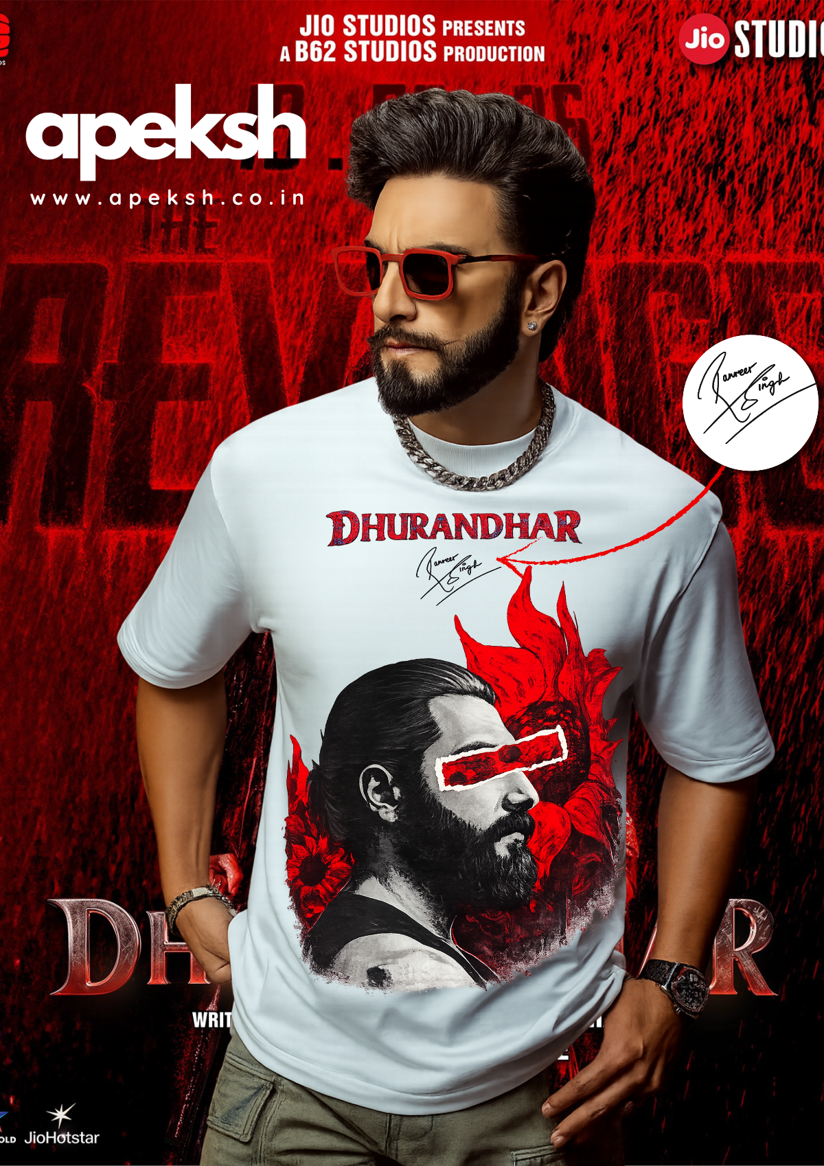 Person wearing a white t-shirt with 'Dhurandhar' graphic and red background
