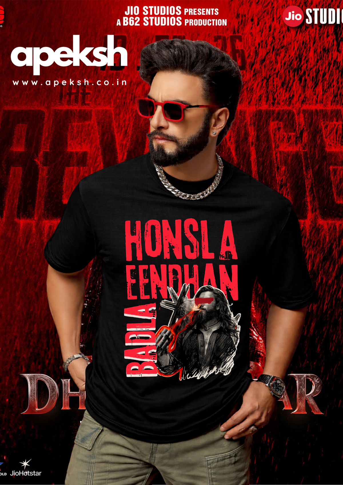 Ranveer Dhurandhar wearing a black t-shirt with red text HONSLA EENDHAN BADLA
