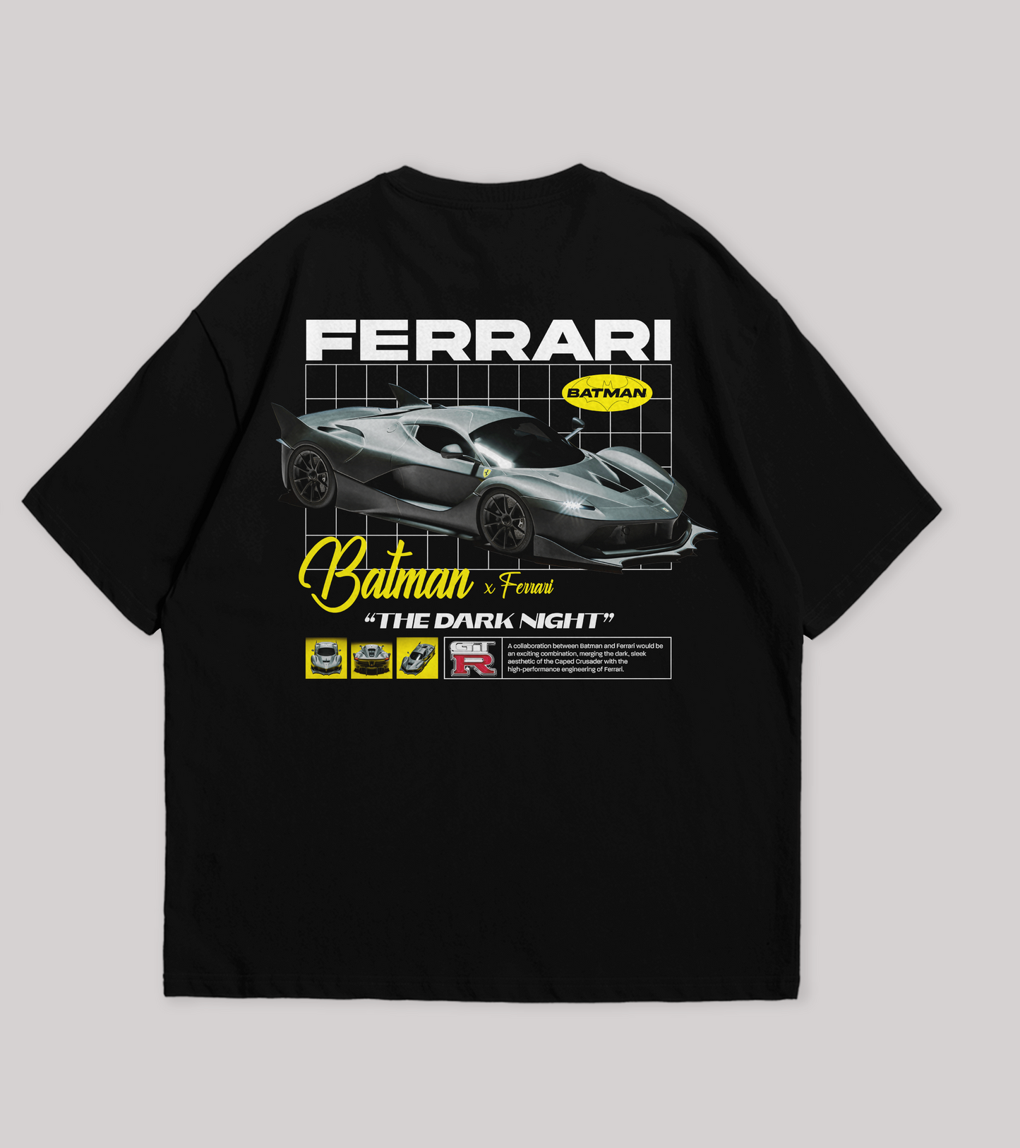 Black t-shirt with Ferrari and Batman graphic design on a gray background