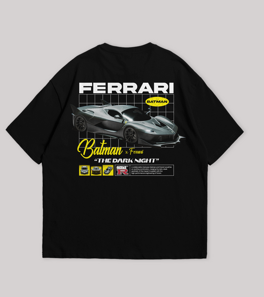 Black t-shirt with Ferrari and Batman graphic design on a gray background