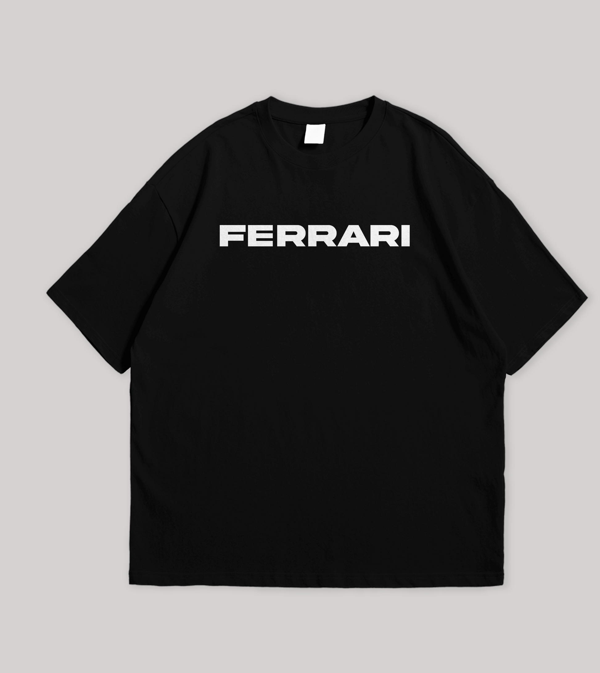 Black t-shirt with 'FERRARI' printed on a gray background