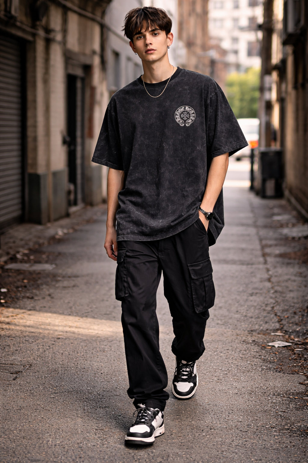 Person wearing a black t-shirt and pants standing in an urban alleyway.