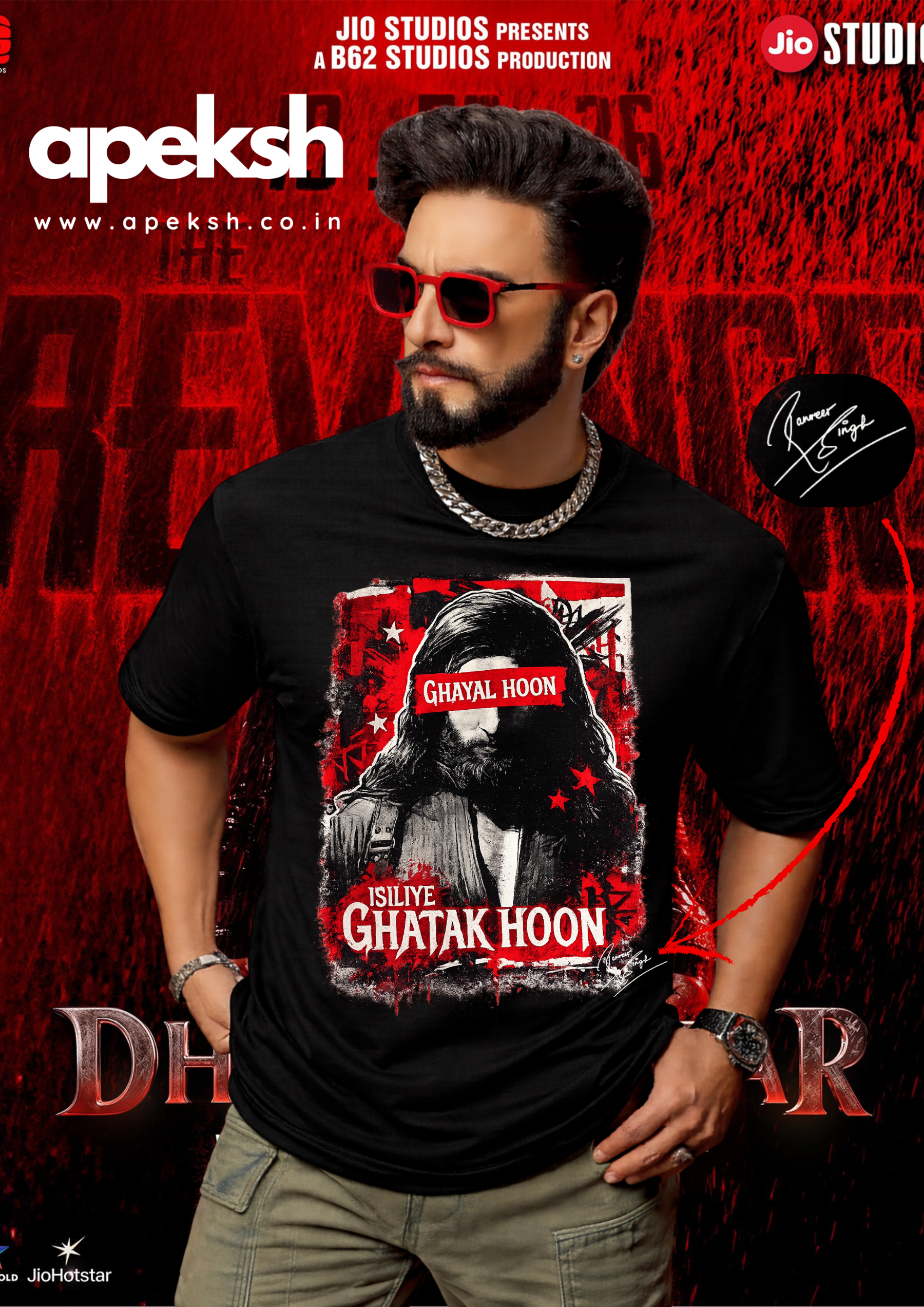 Person wearing a black t-shirt with graphic design and text, standing against a red and black background with branding.