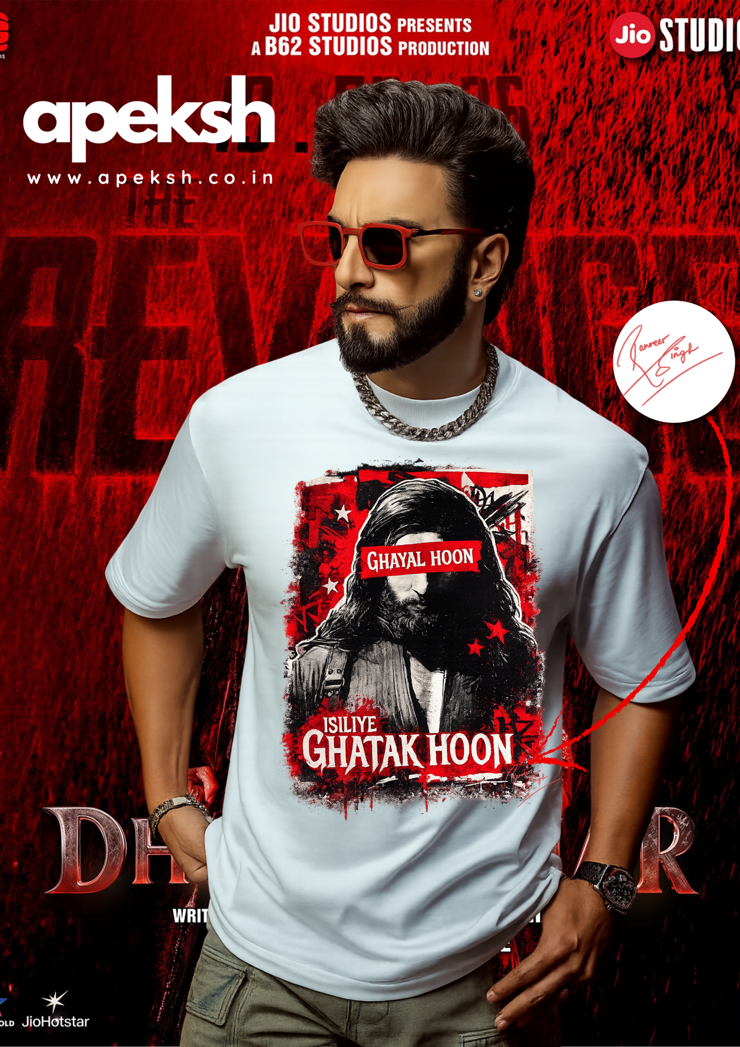 Person wearing a white t-shirt with a graphic design on a red background, featuring the brand 'apeksh'.