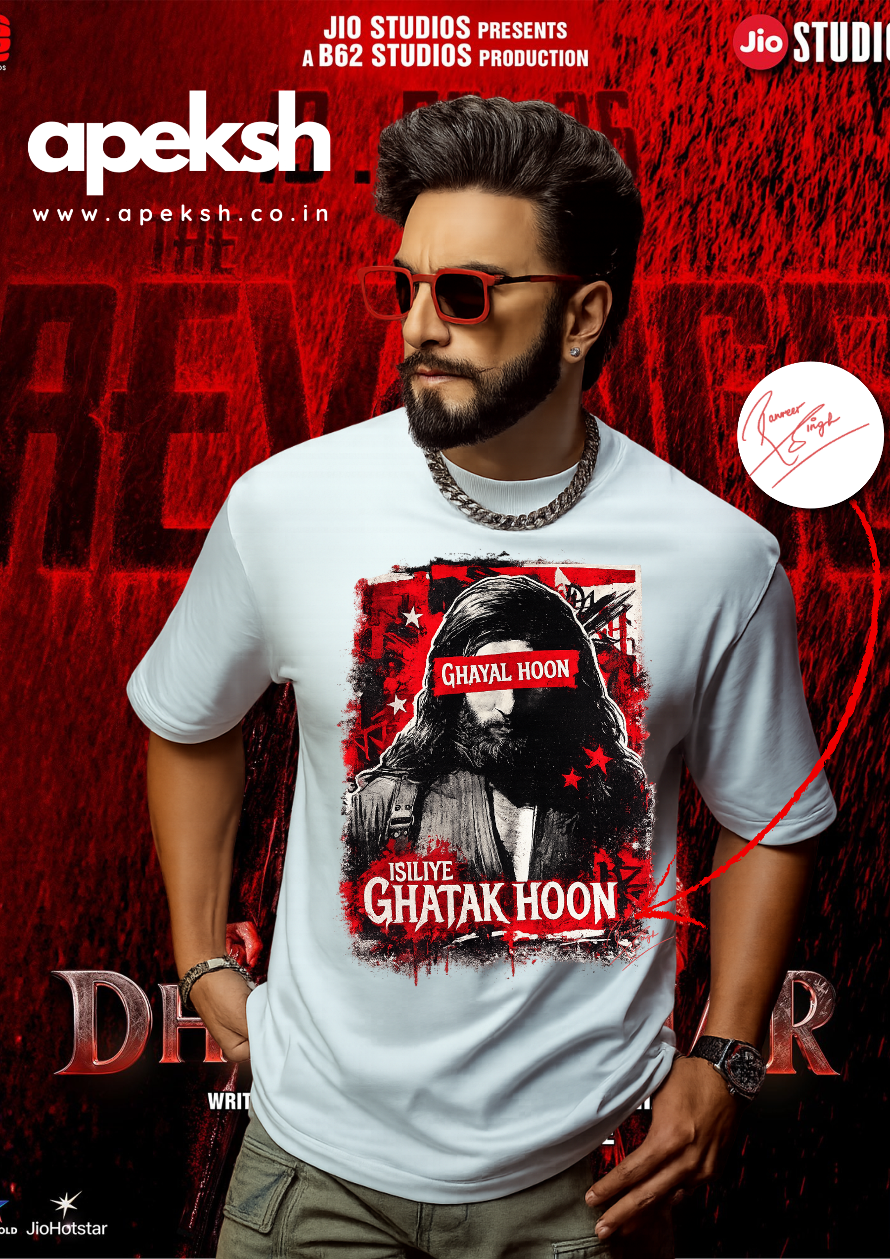 Person wearing a white t-shirt with a graphic design on a red background, featuring the brand 'apeksh'.