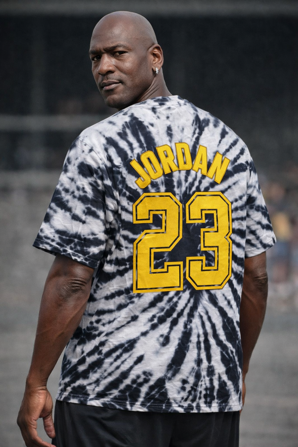 Person wearing a tie-dye jersey with 'Jordan' and number '23' on the back.