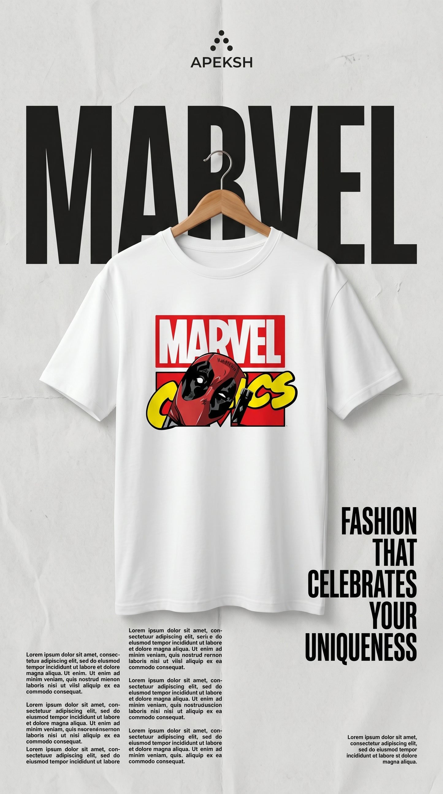 White t-shirt with Marvel logo on a hanger, branded 'Apeks'.