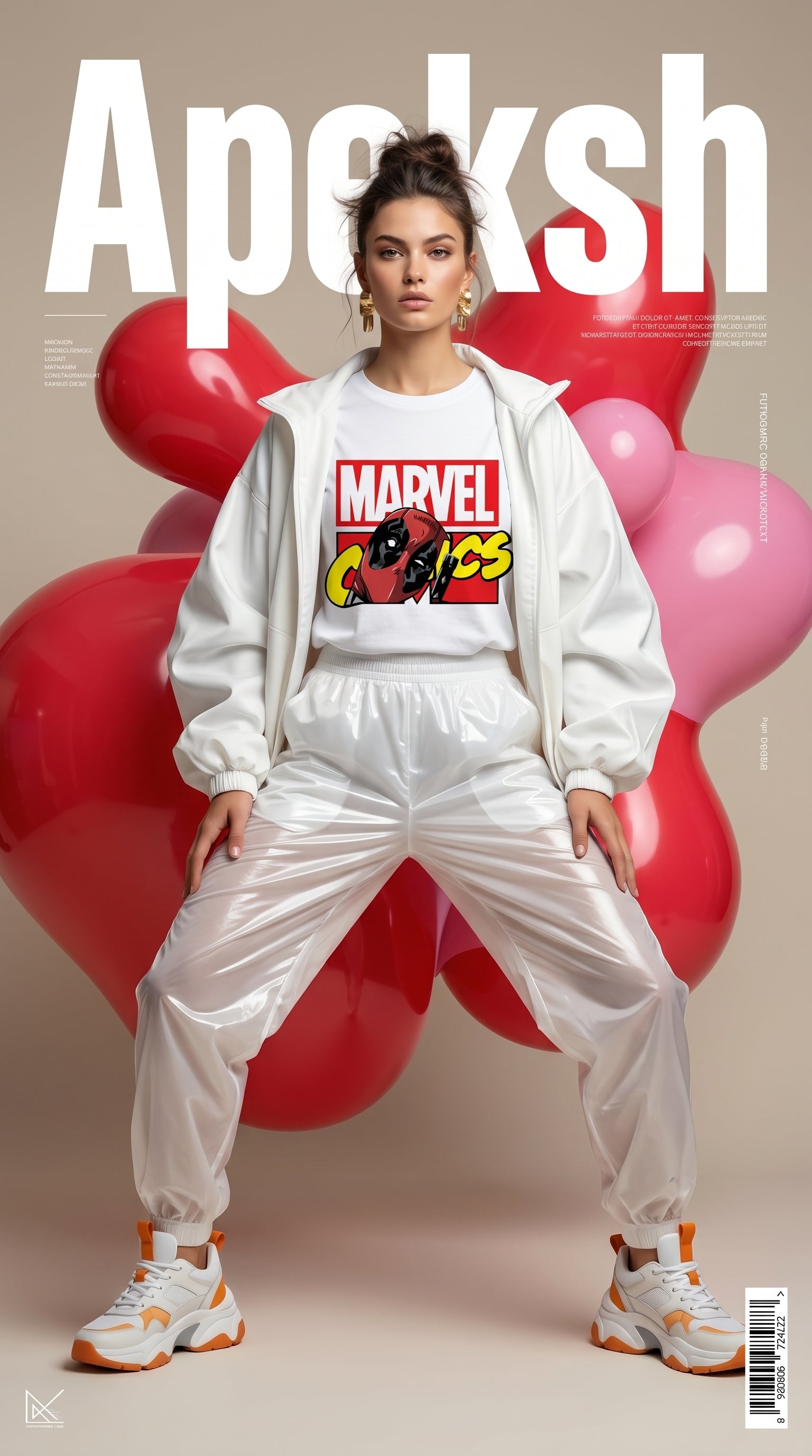 Person wearing a Marvel hoodie with balloons in the background, on a magazine cover titled 'Apeksh'.