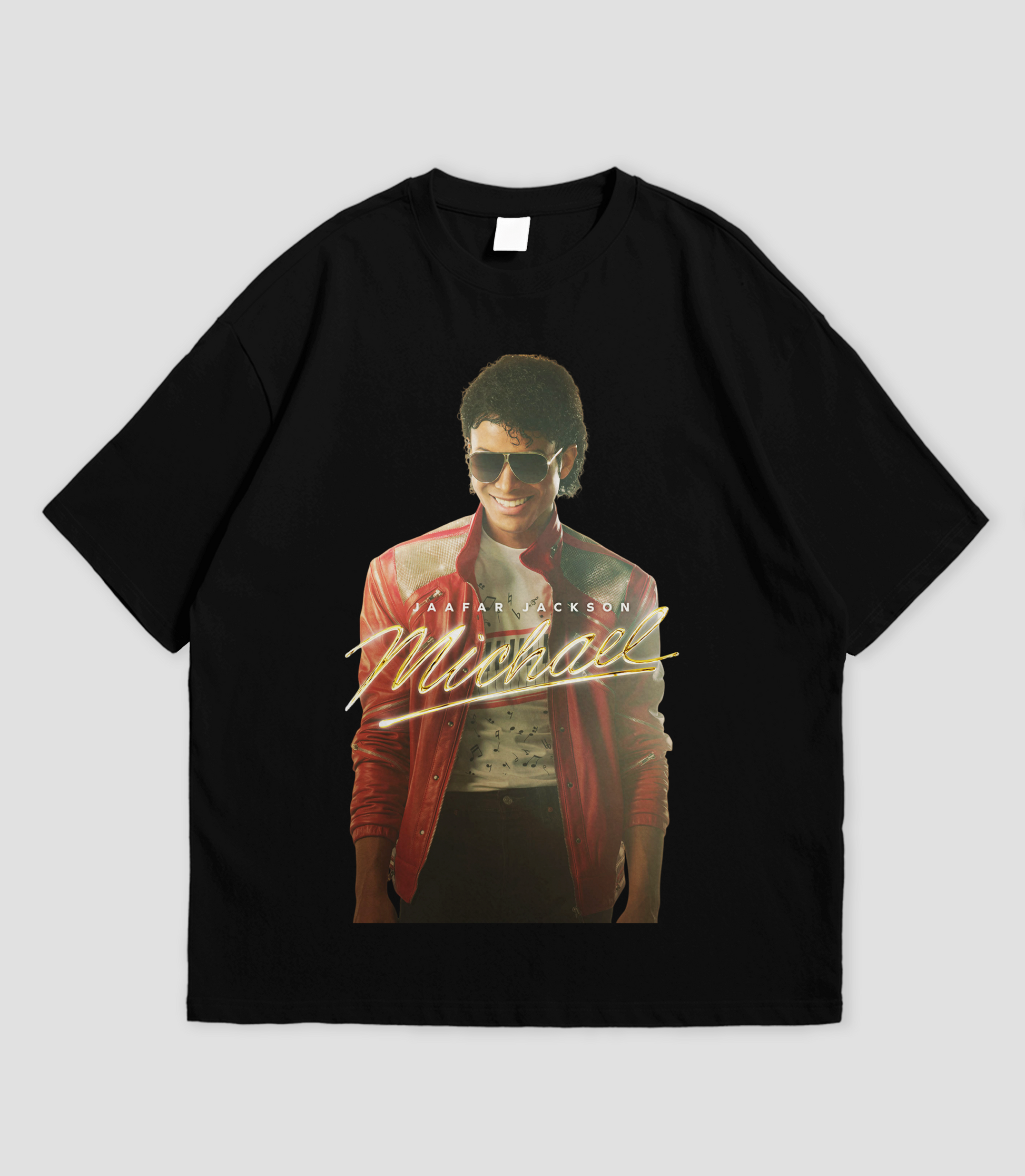 Black t-shirt with a graphic MIchael and 'Michael' text on a light gray background
