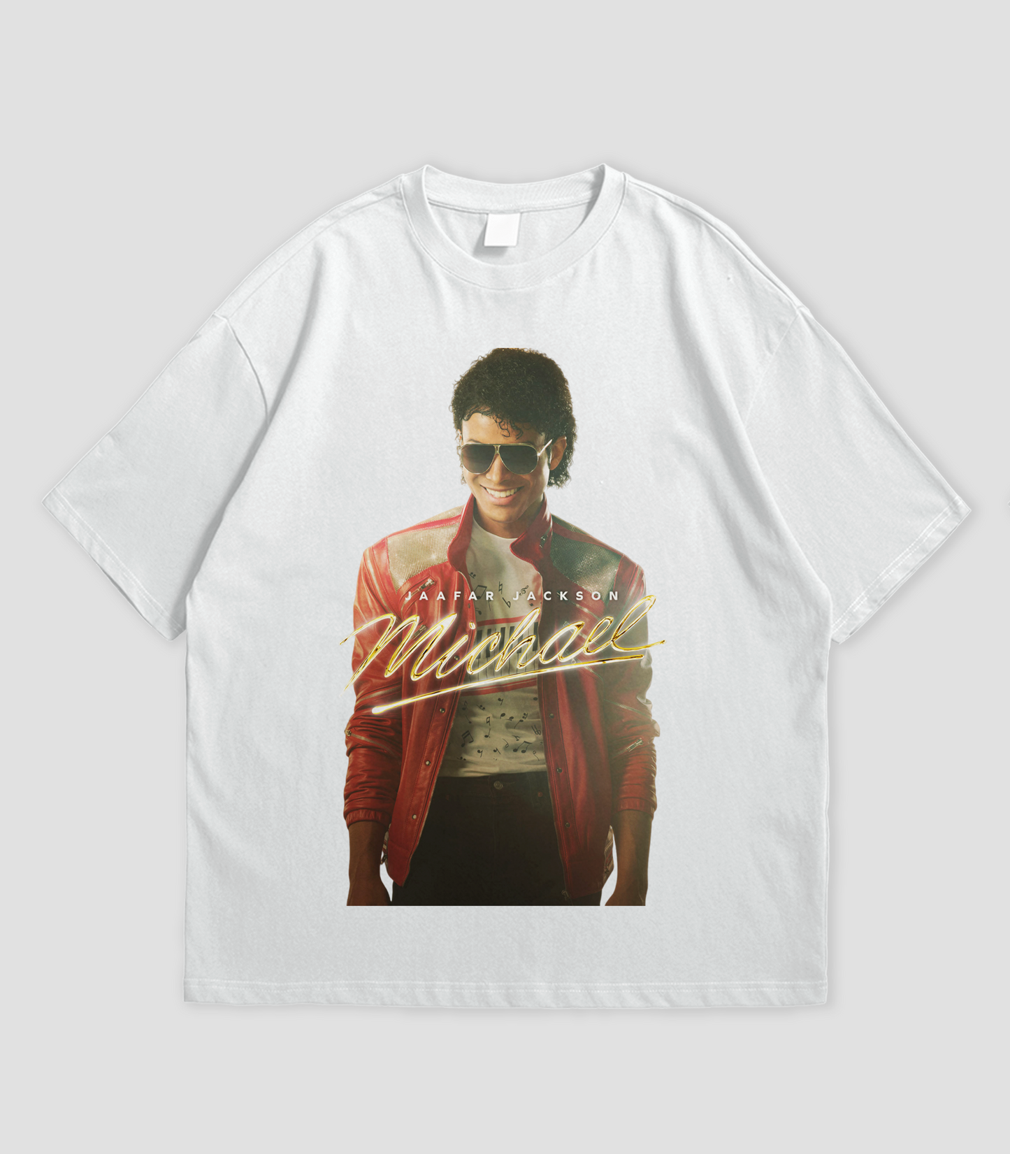 White t-shirt with a graphic of Michael in a red jacket and sunglasses, with 'Michael' text.