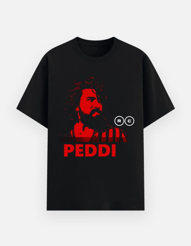 Black t-shirt with red graphic and text on a white background