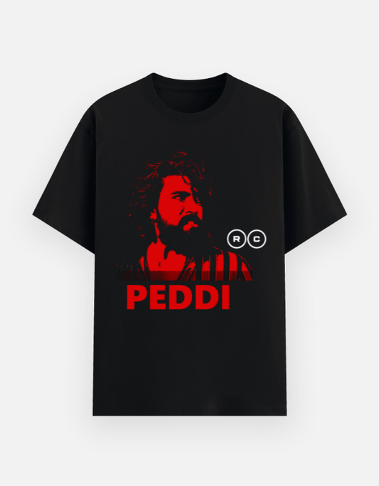 Black t-shirt with red graphic and text on a white background