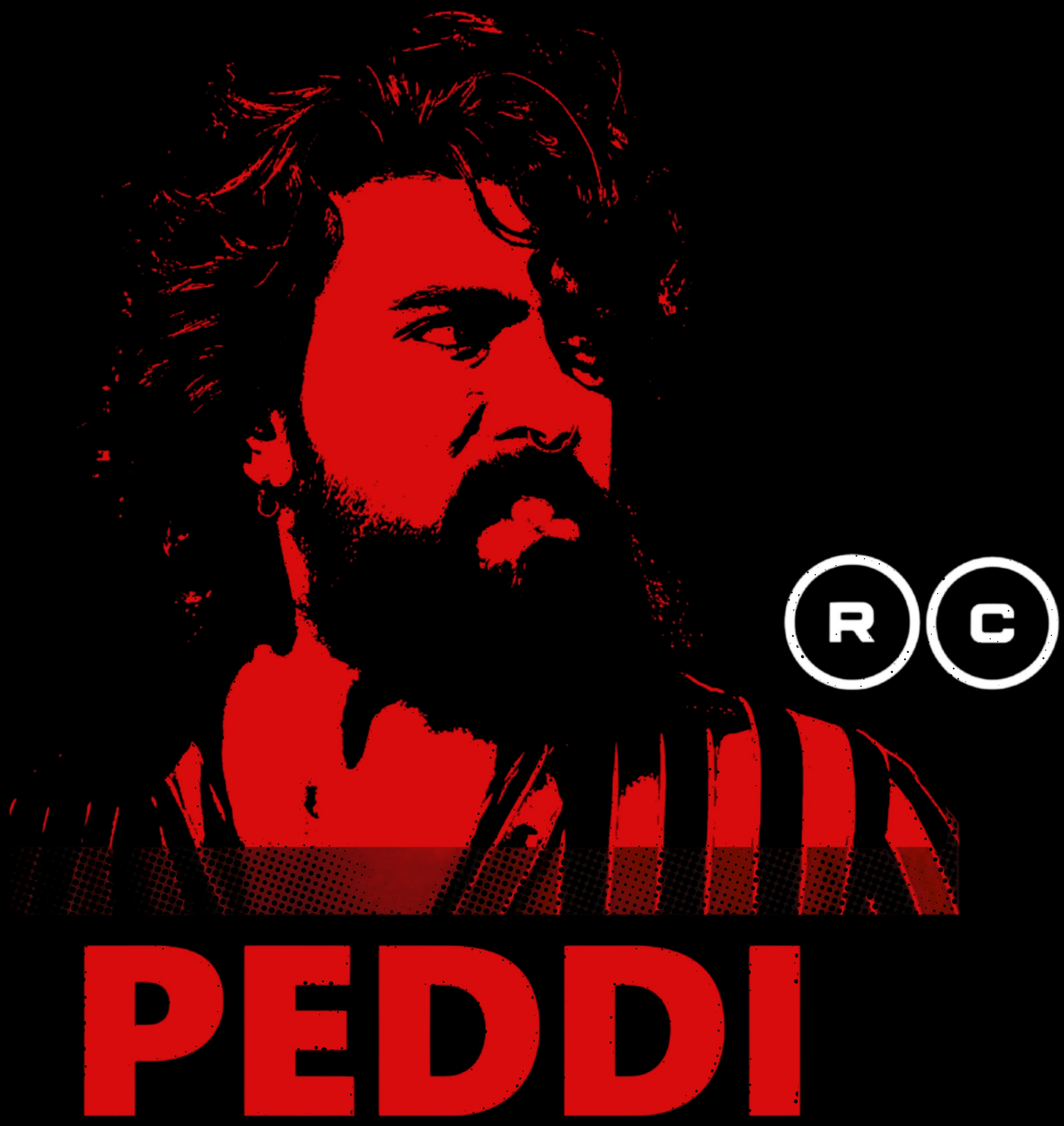 Red and black graphic with a stylized face and 'PEDDI' text on a dark background