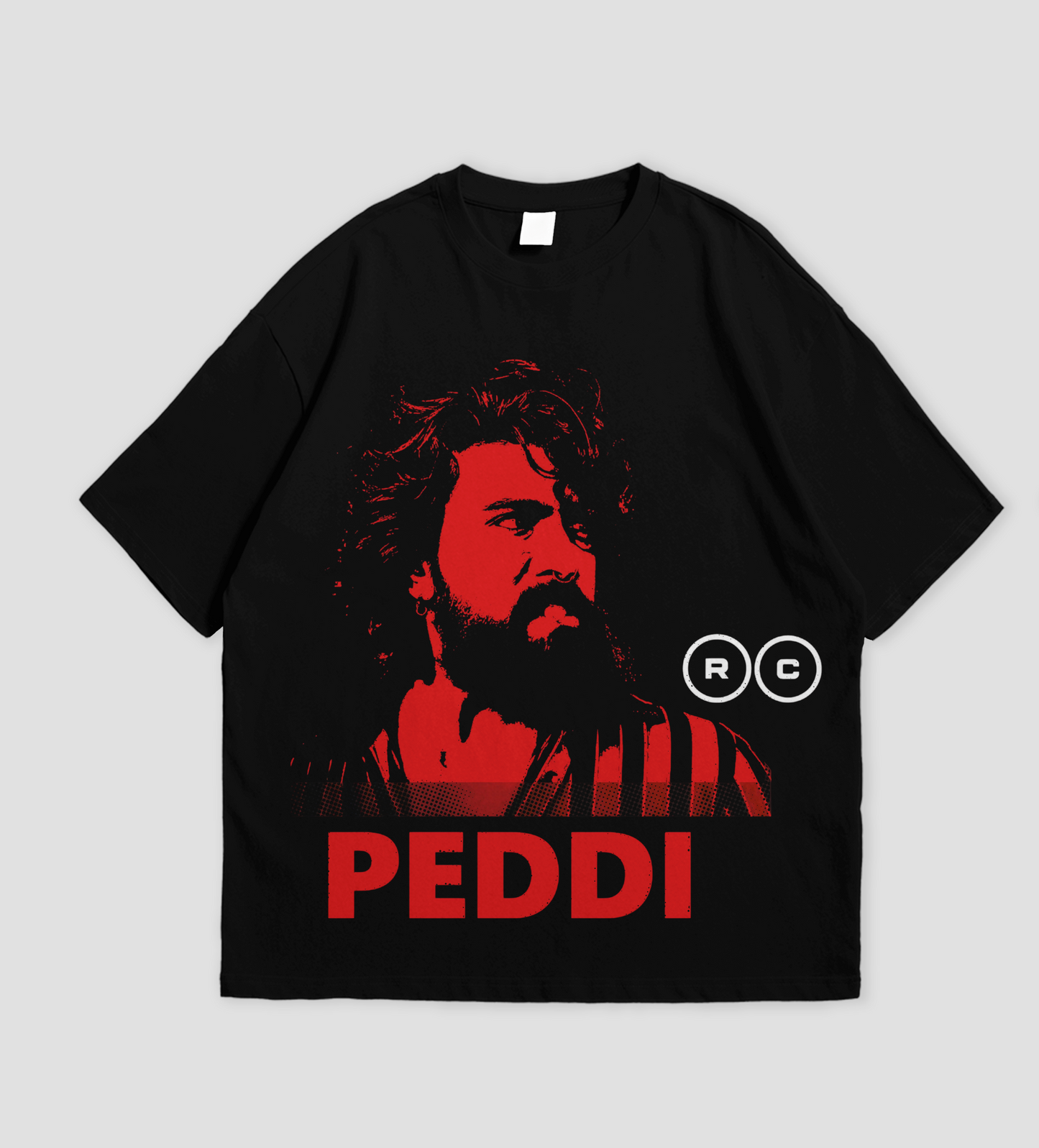 Black t-shirt with red graphic and 'PEDDI' text on a gray background