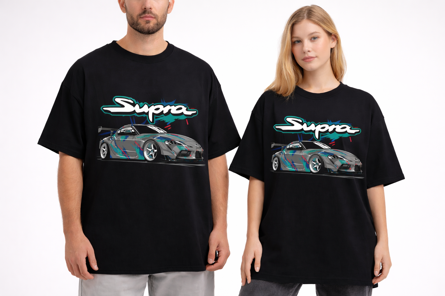Two people wearing black t-shirts with Supra logo and car graphics on a white background