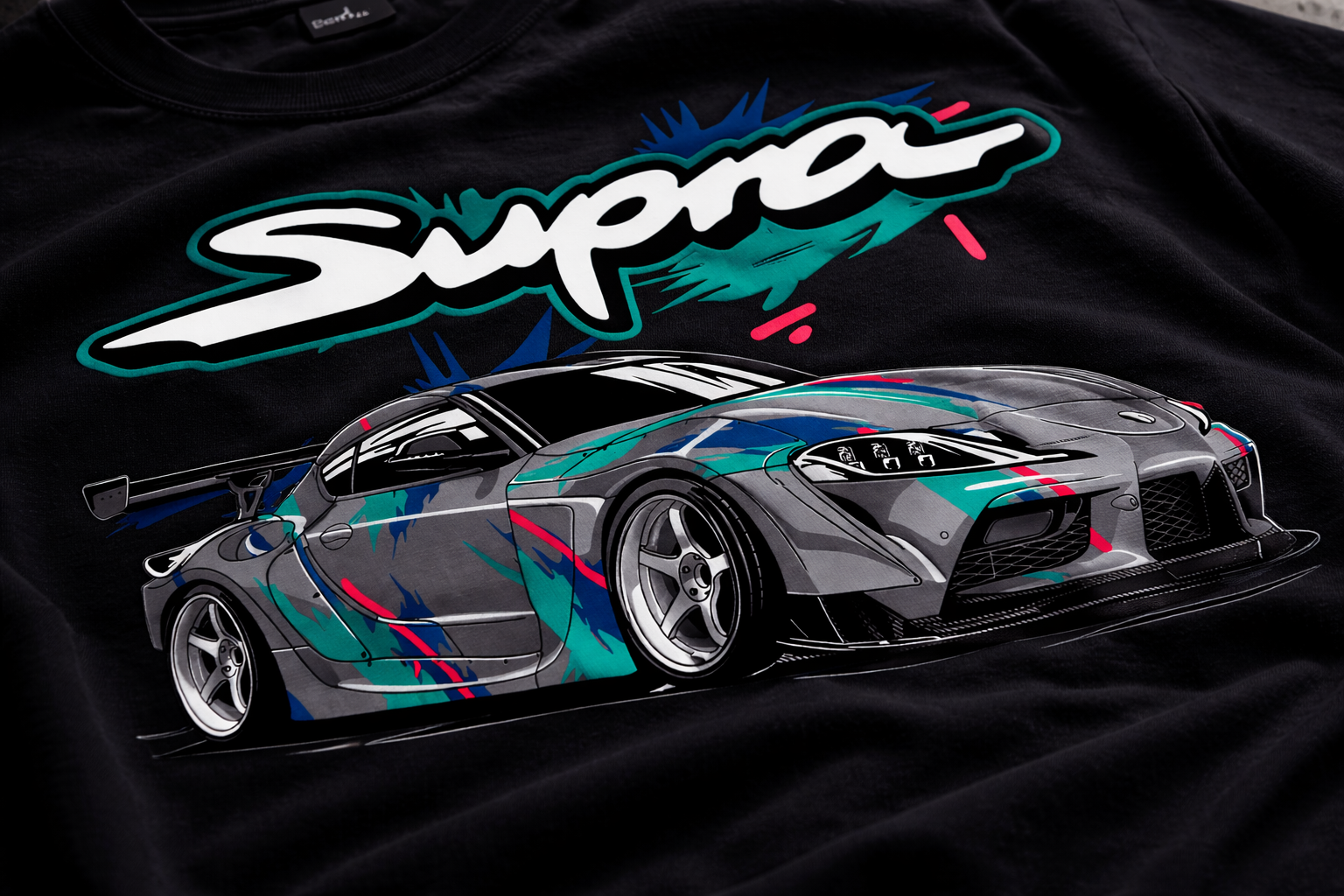 T-shirt with a graphic of a car and 'Supra' logo on a black background