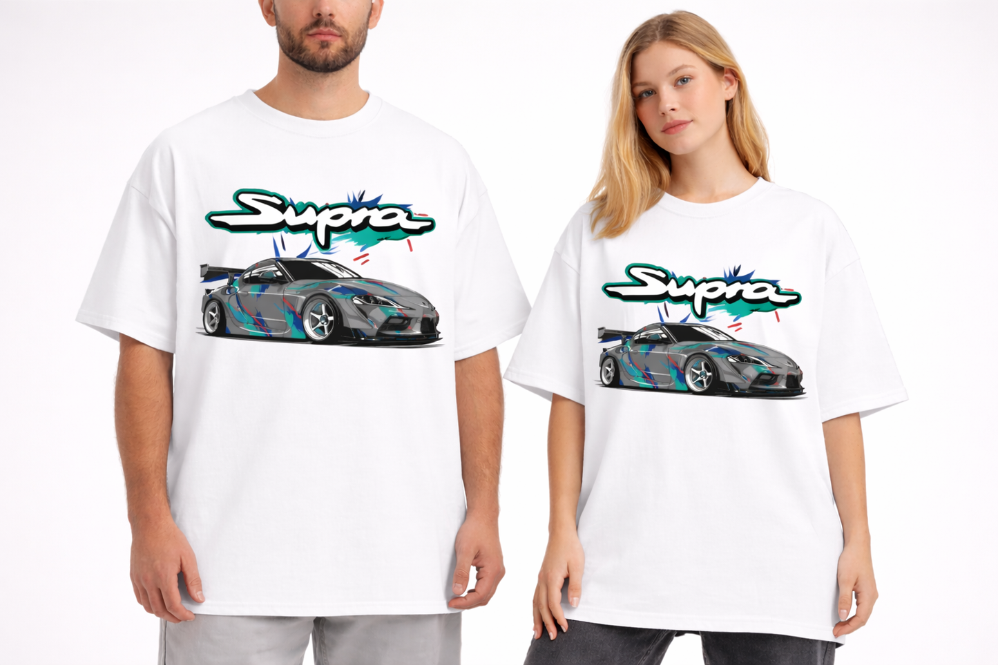 Two people wearing white t-shirts with a car graphic and 'Supra' logo.