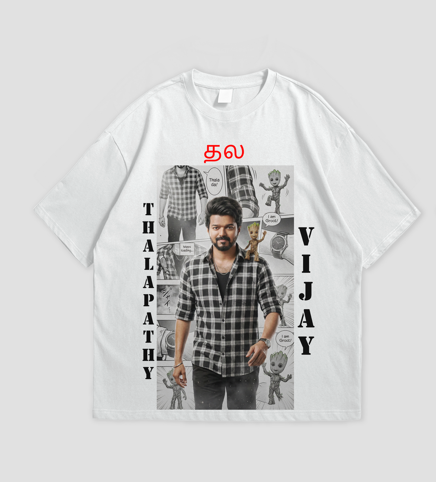 White t-shirt with a printed design featuring THALAPATHY VIJAY, text, and graphics on a white background