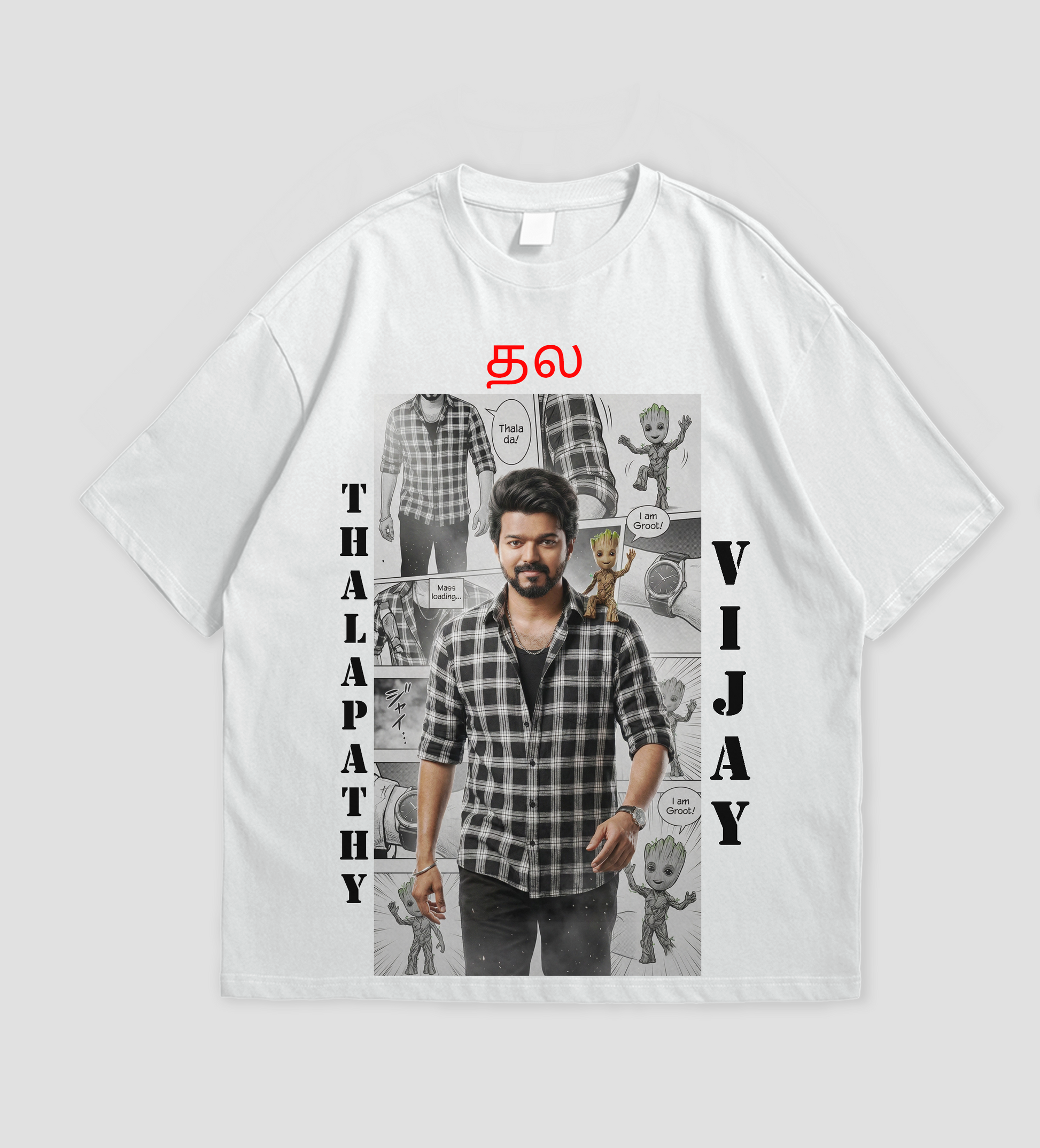 White t-shirt with a printed design featuring THALAPATHY VIJAY, text, and graphics on a white background