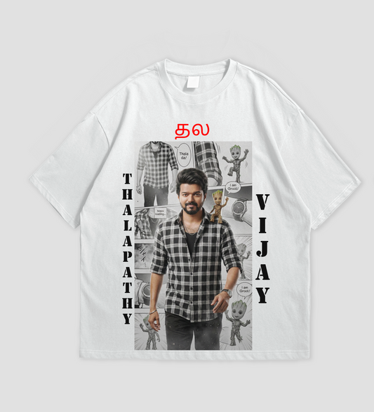 White t-shirt with a printed design featuring THALAPATHY VIJAY, text, and graphics on a white background