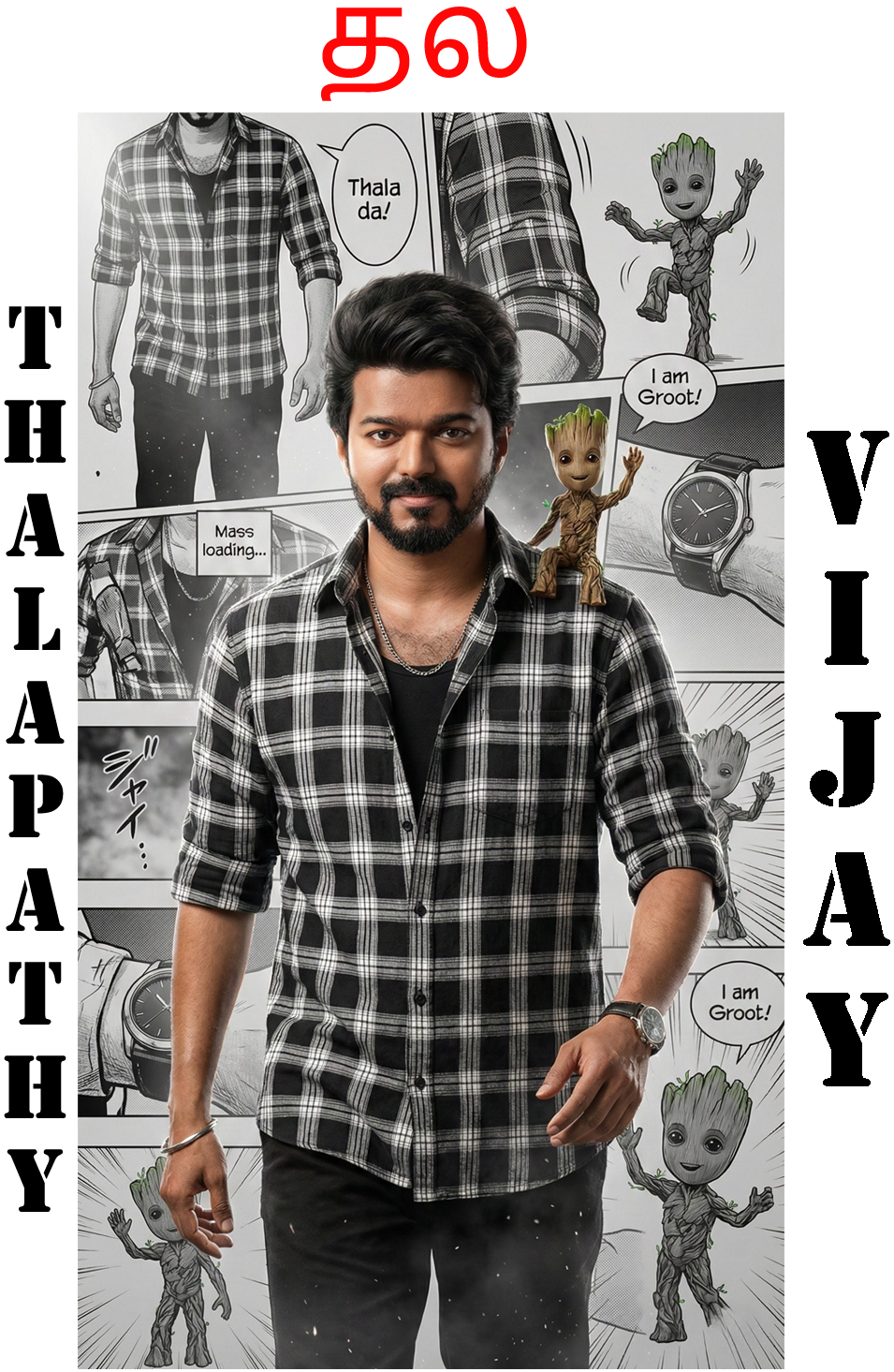 THALAPATHY VIJAY wearing a checkered shirt with comic book-style text and images in the background
