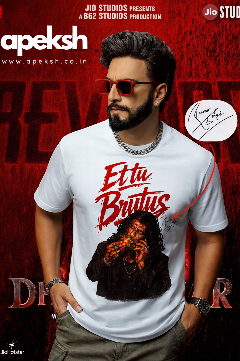 Person wearing a white t-shirt with 'Et tu Brutus' design on a red background