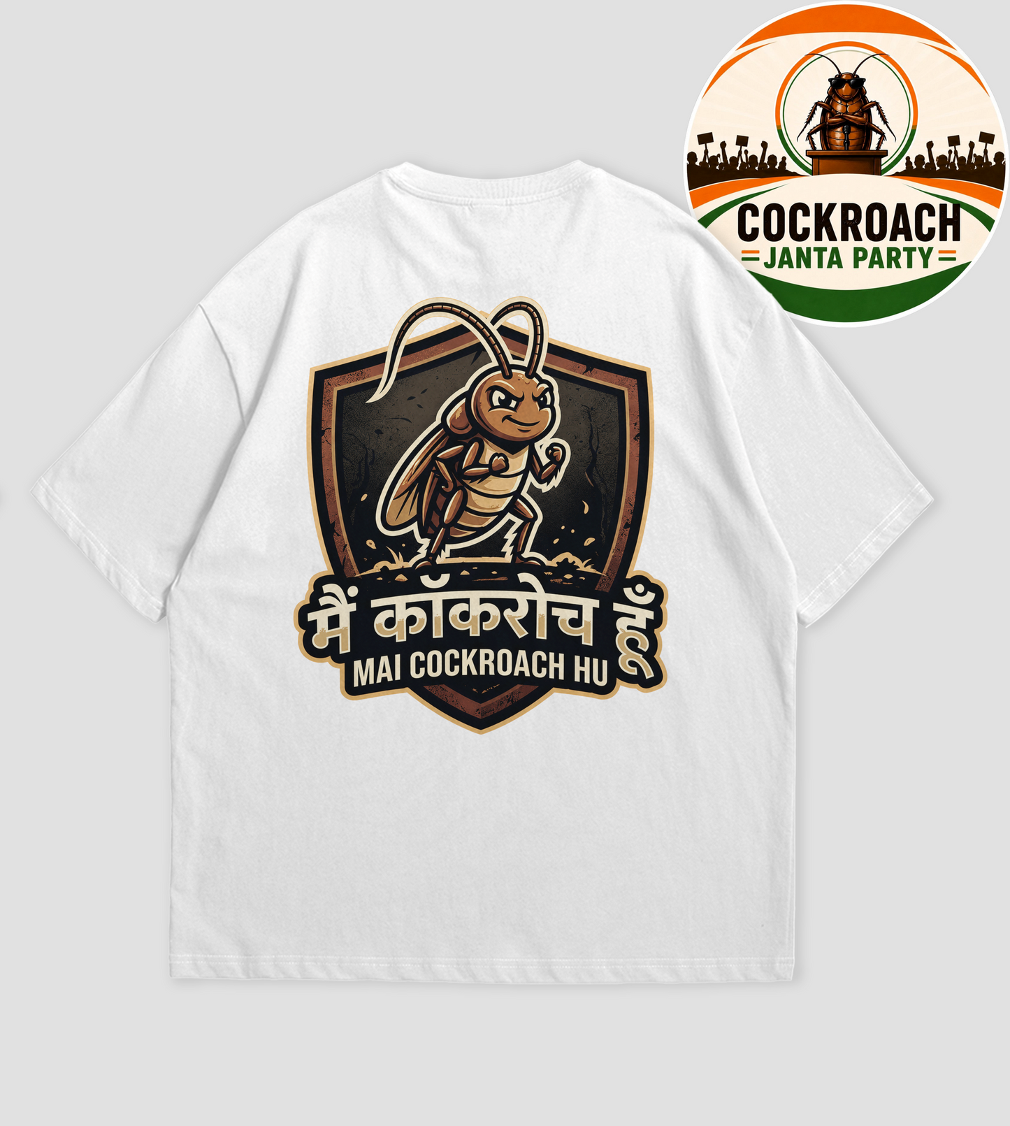 White t-shirt with a cockroach graphic and text on a gray background