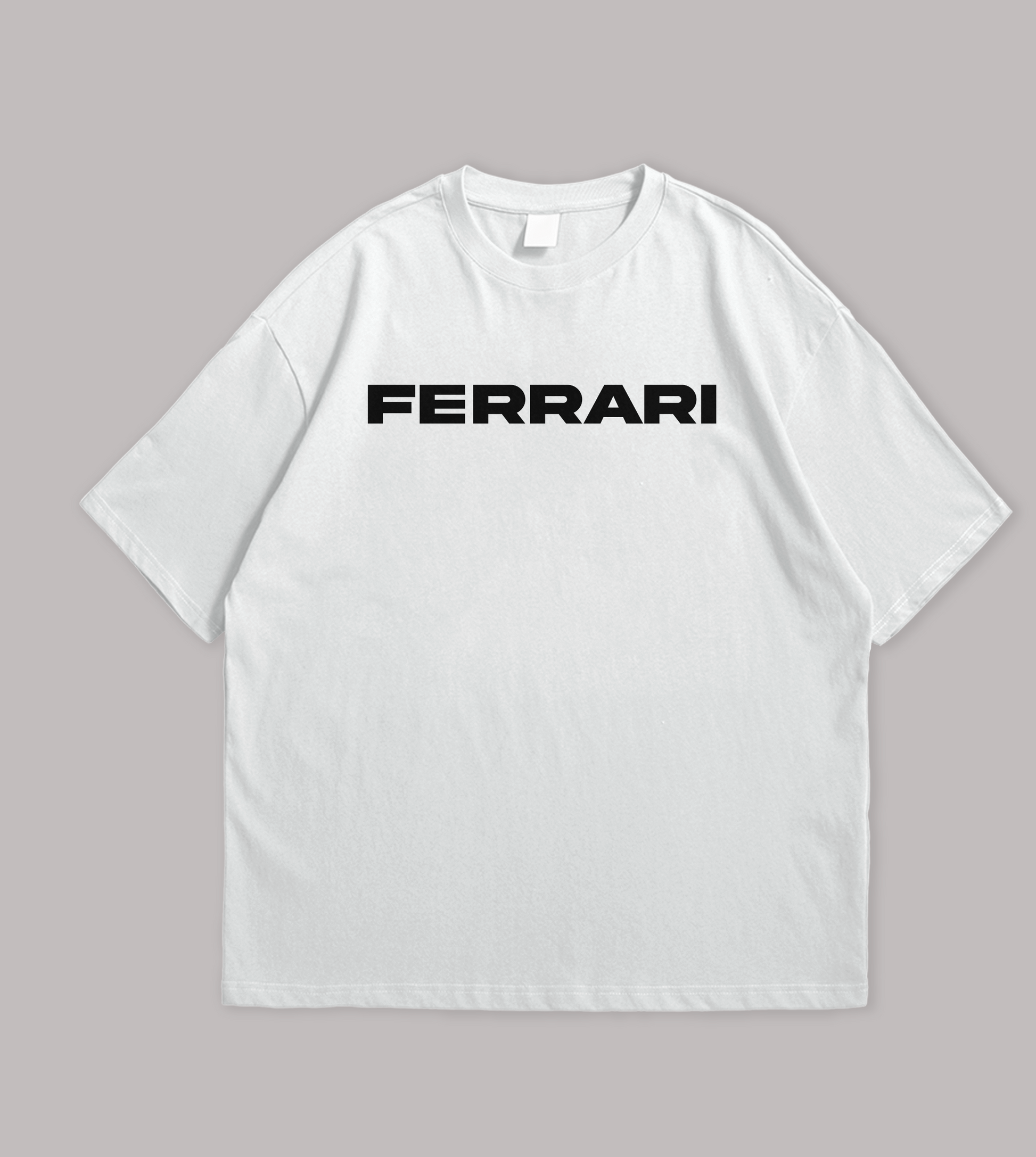 White t-shirt with 'Ferrari' logo on a gray background