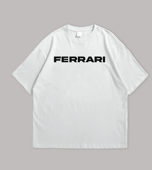 White t-shirt with 'Ferrari' logo on a gray background