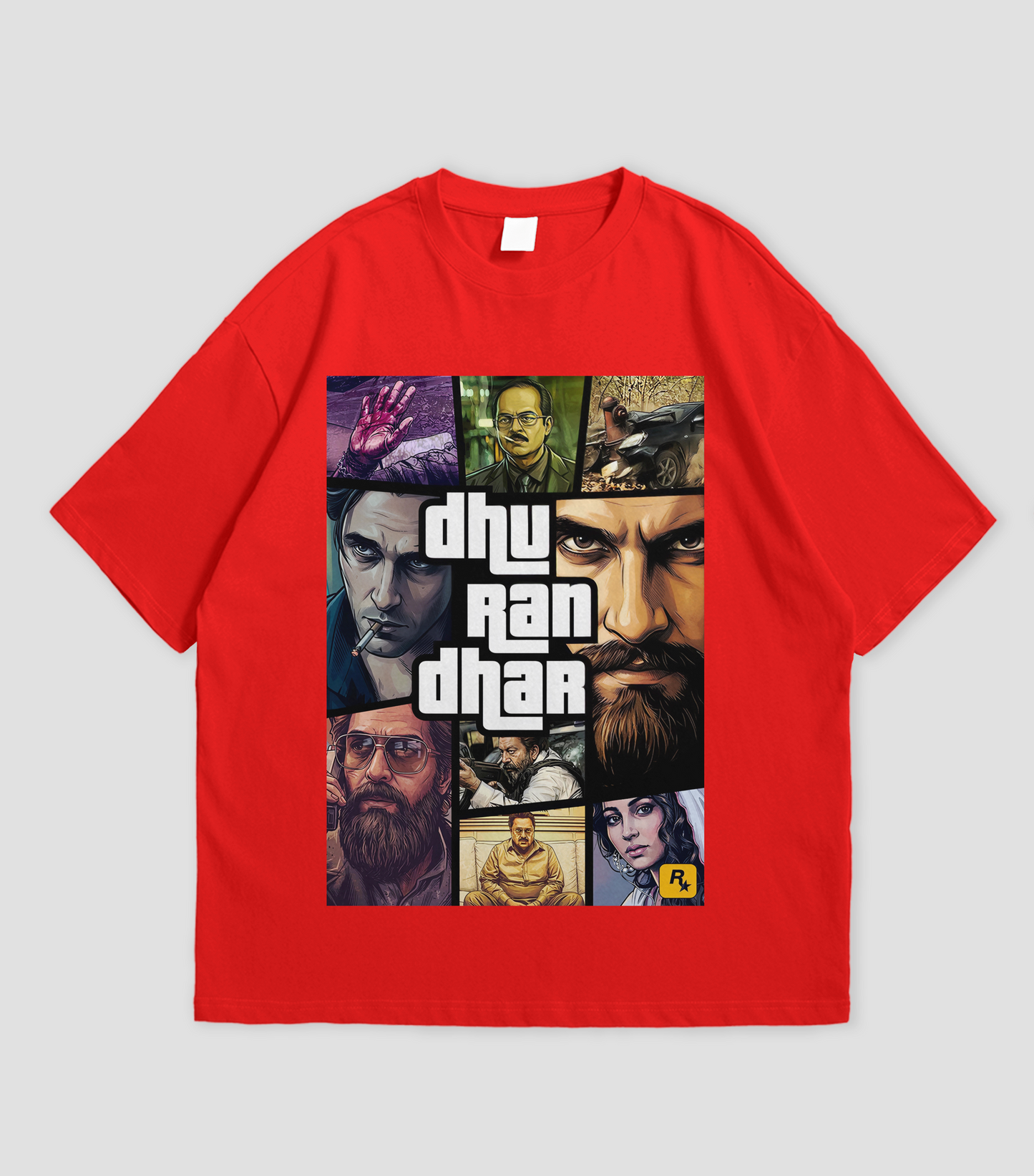Red t-shirt with a collage of faces and the text 'dhu Ran dhar' on a gray background