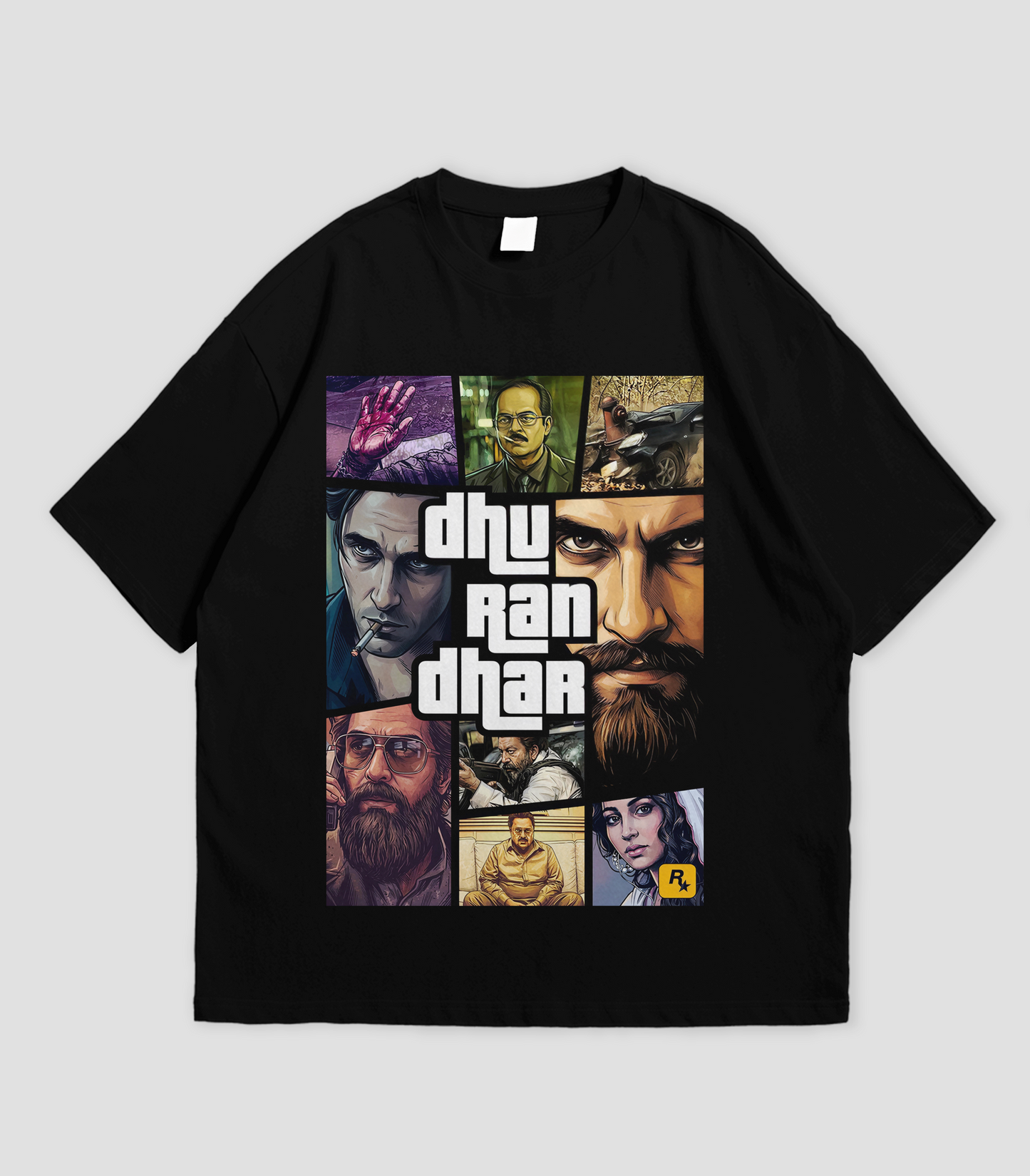 Black t-shirt with collage design and text on a light gray background