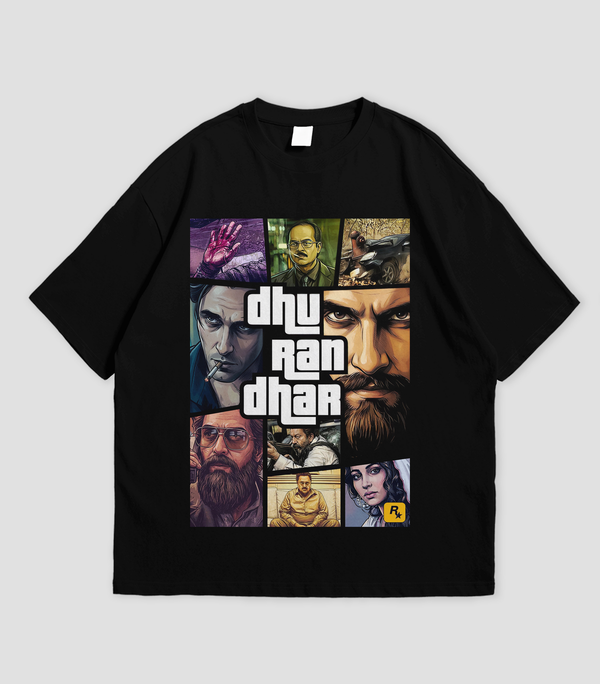 Black t-shirt with collage design and text on a light gray background