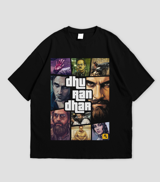Black t-shirt with collage design and text on a light gray background