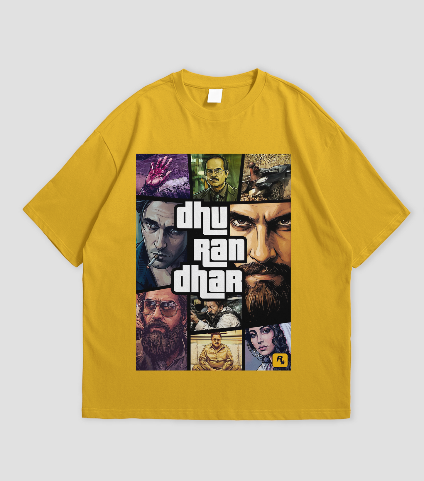 Yellow t-shirt with a collage of faces and the text 'dhu ran dhar' on a light gray background