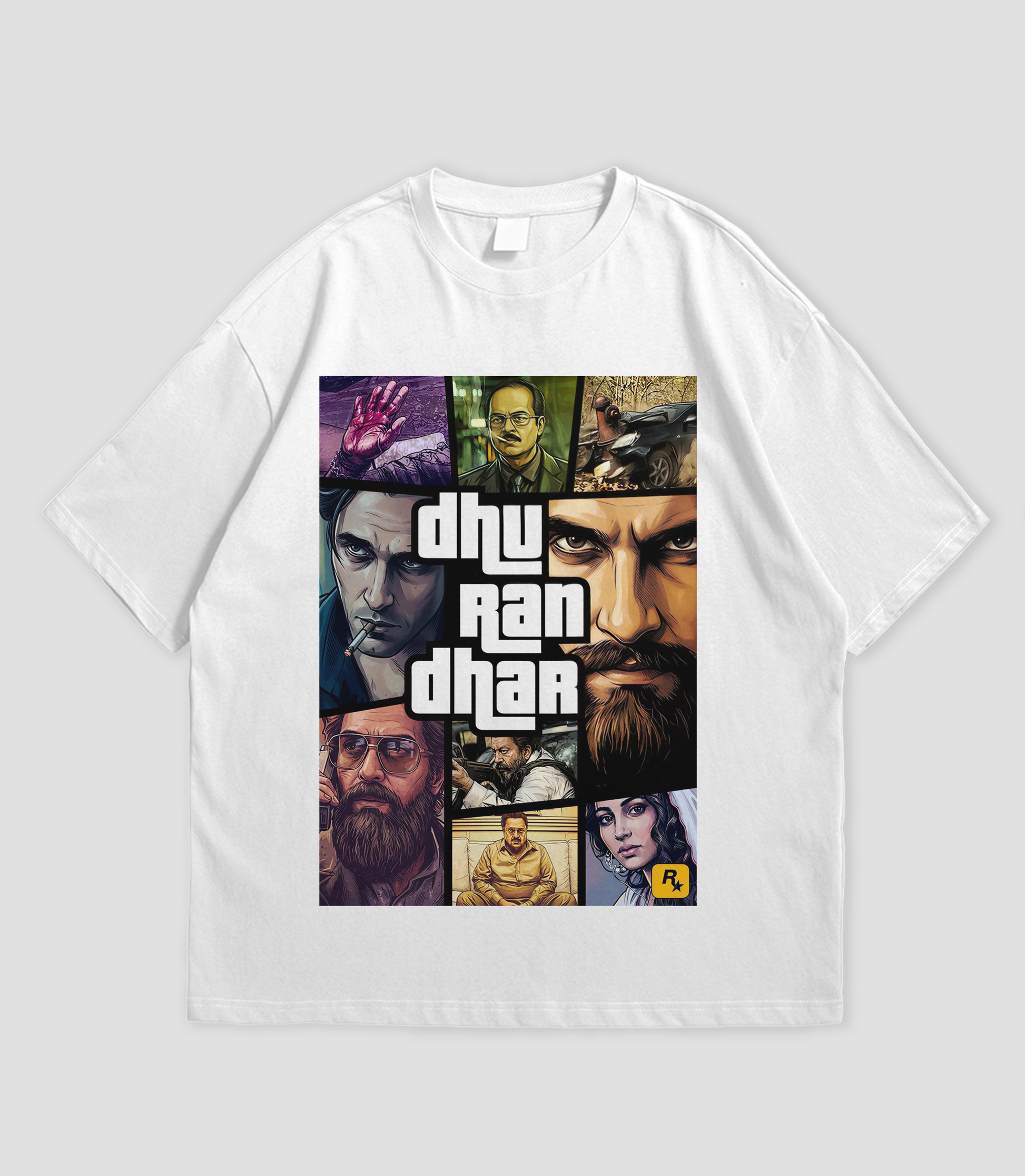 White t-shirt with 'dhu ran dhar' graphic design on a gray background