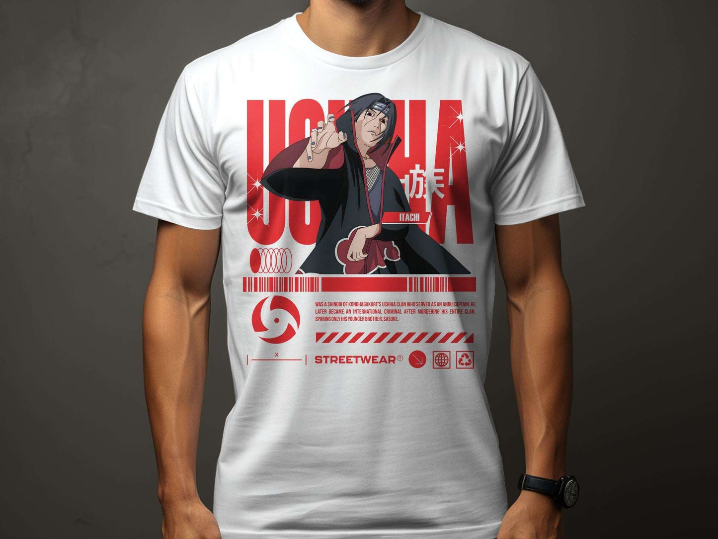 "Channel the legendary Uchiha Itachi's essence with our streetwear-inspired Unisex T-Shirt design! Crafted from 100% cotton and weighing 180gsm, this tee guarantees UCHIHA ITACHI STREETWEAR -Unisex
