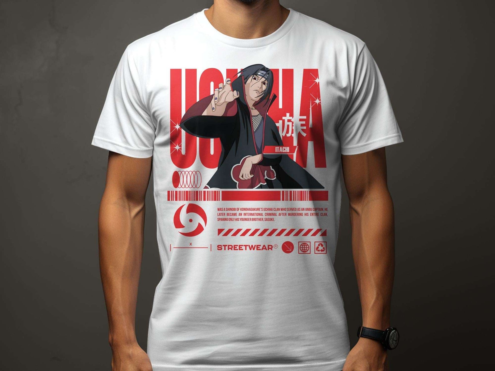 "Channel the legendary Uchiha Itachi's essence with our streetwear-inspired Unisex T-Shirt design! Crafted from 100% cotton and weighing 180gsm, this tee guarantees UCHIHA ITACHI STREETWEAR -Unisex
