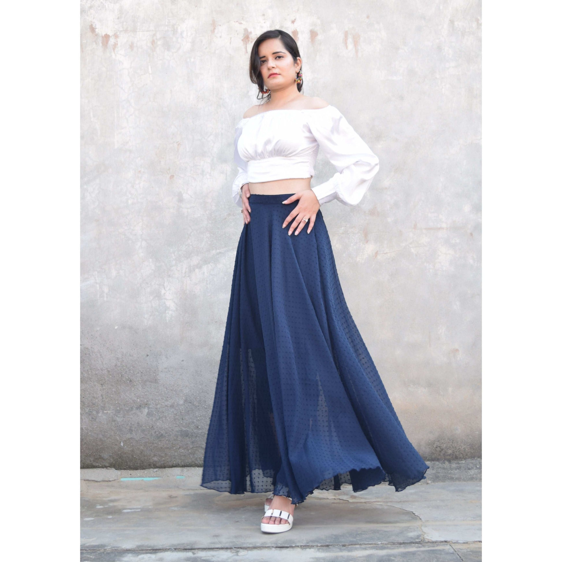 Solid navy blue long flared skirt1