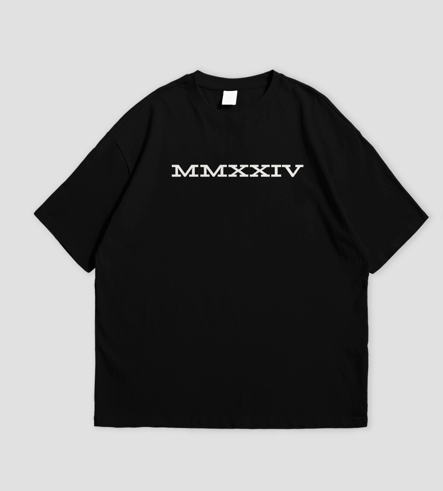 Black t-shirt with 'MMXXIV' printed in white on a black background